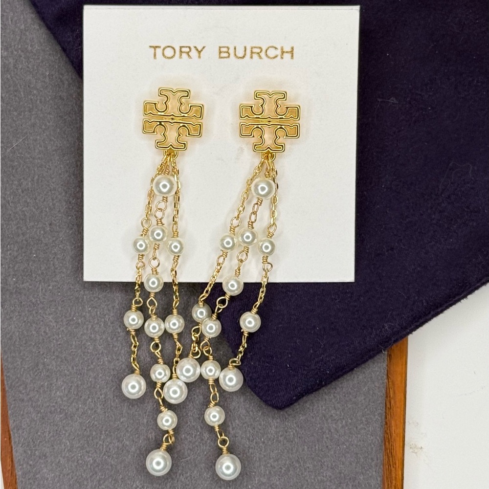 Tory Burch Gold Logo Pearl Tassel Drop Earrings | Statement Dangle - Picture 6 of 12